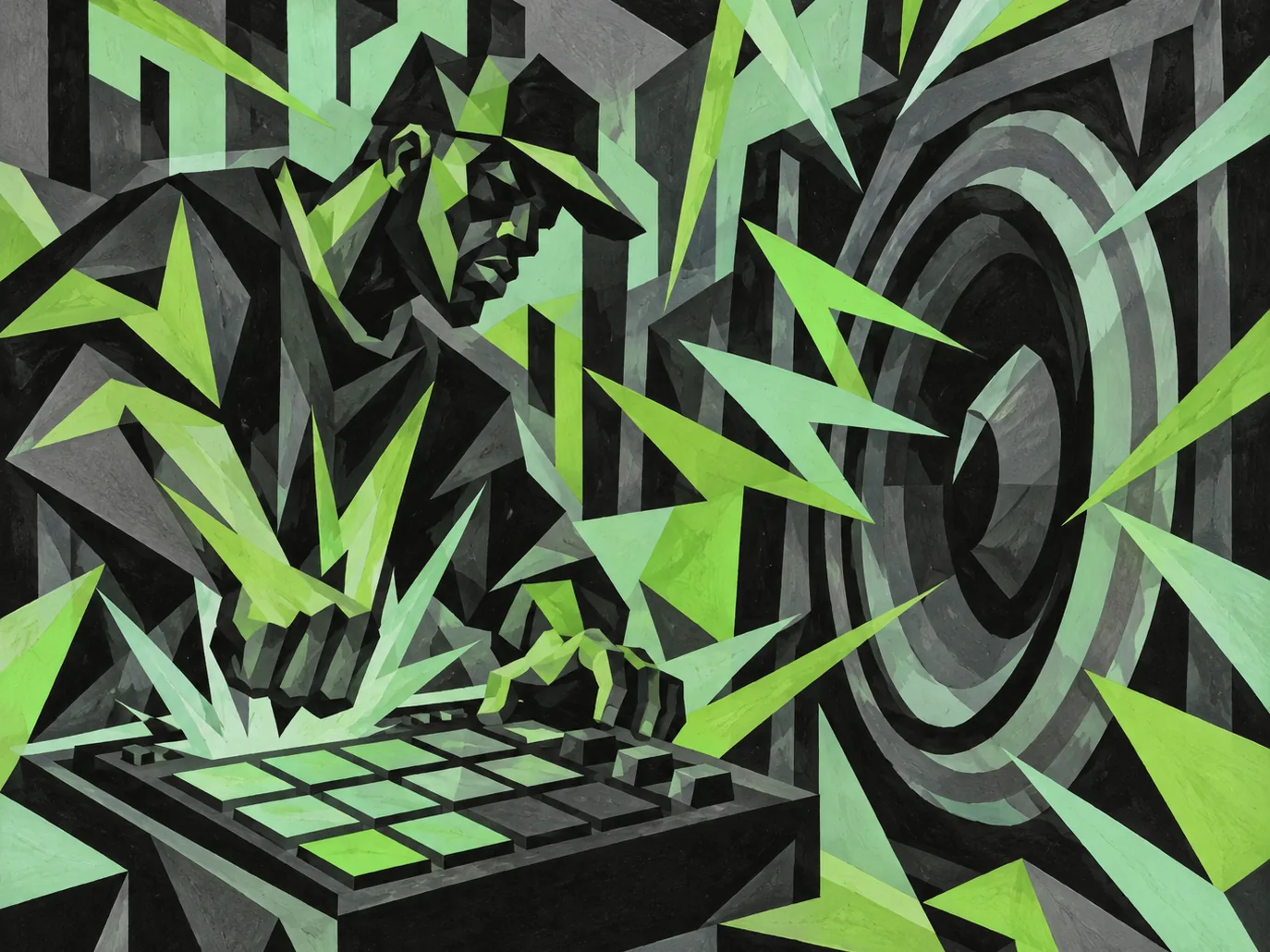 Angular green painting of a beatmaker striking a drum pad as shockwaves of bass burst from a large speaker
