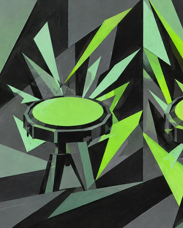 Angular green painting of three drum pads from soft to hard, with the shards around each growing larger