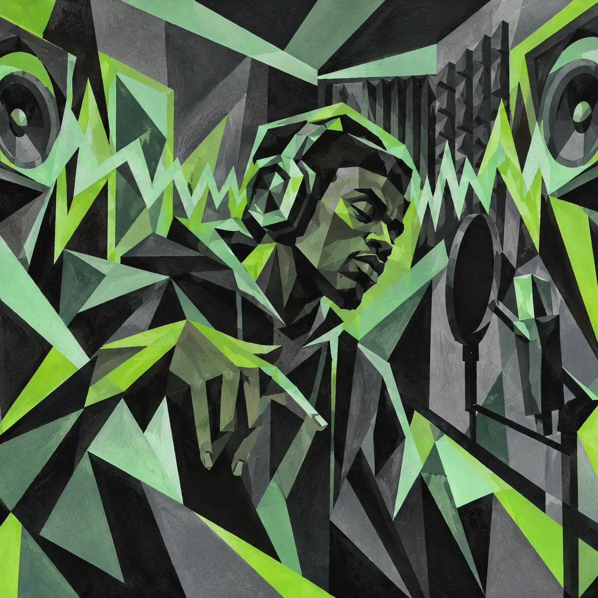 Angular green painting of a rapper in headphones nodding in a studio booth framed by a fractured sound wave