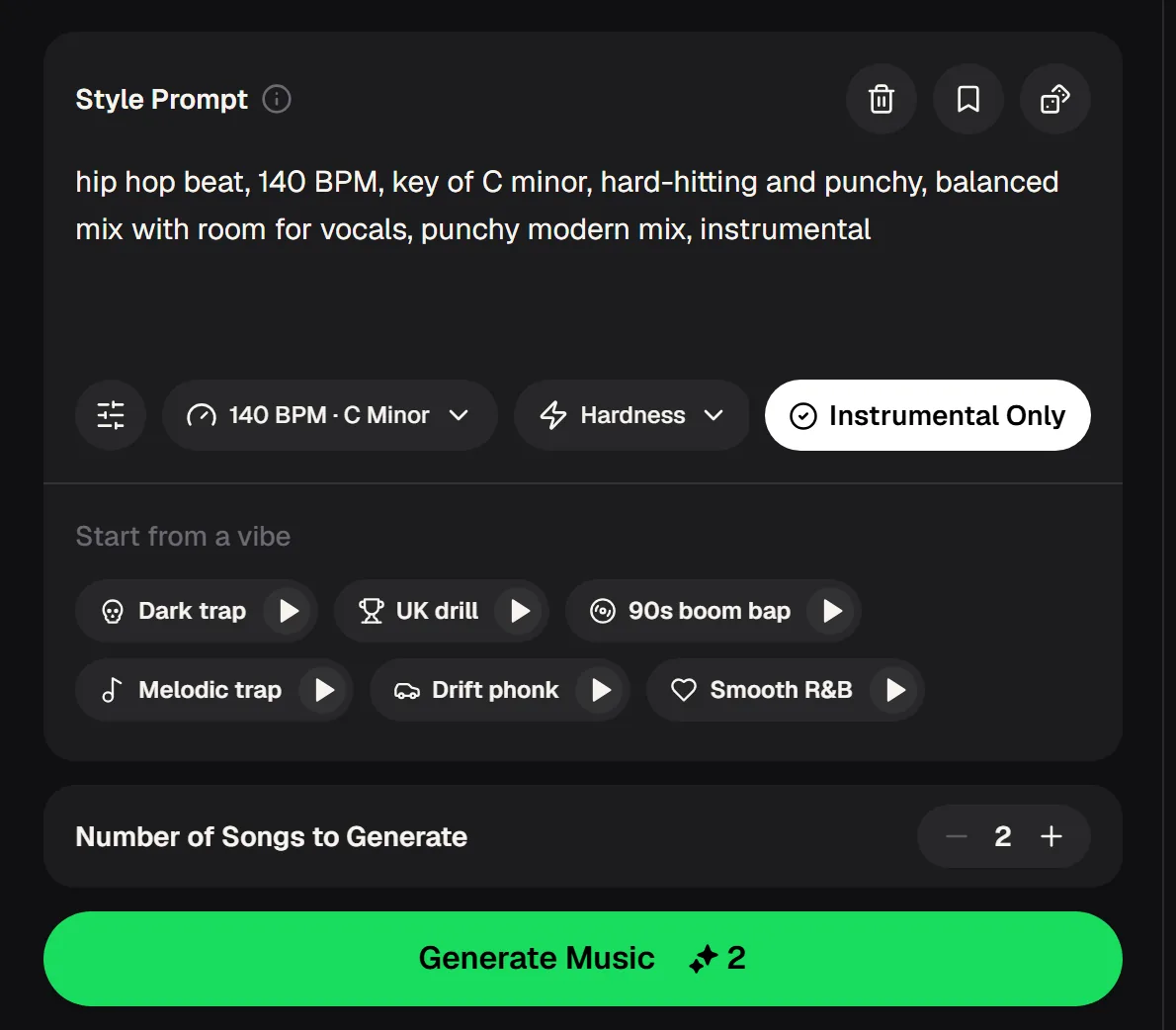 The MusicCreator beat creator with a style prompt, BPM and key selector, Hardness selector, Instrumental Only switch and vibe presets