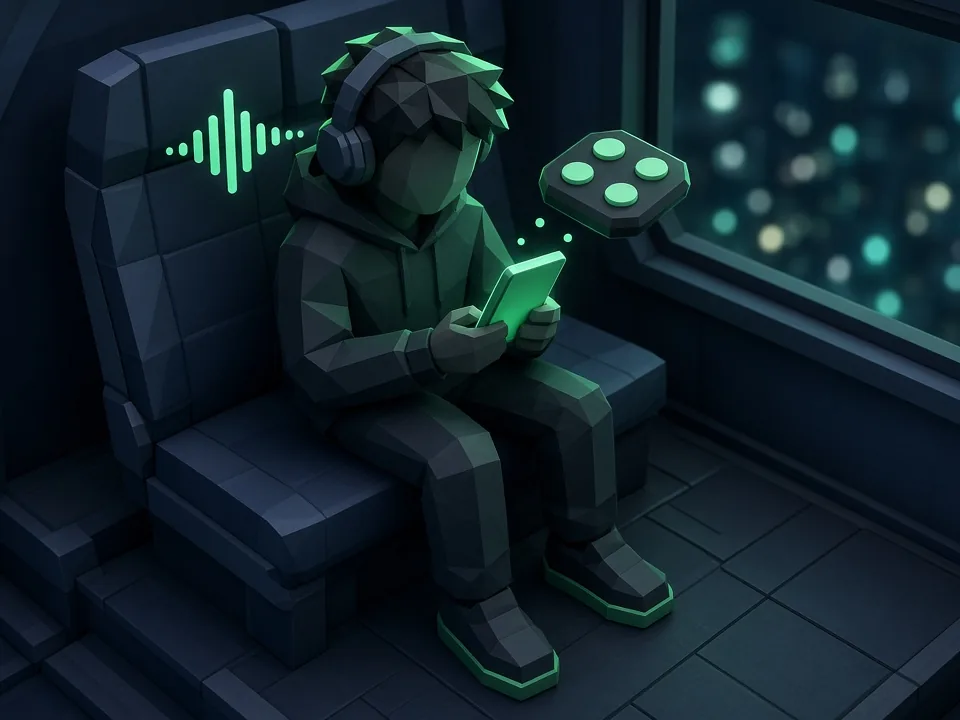 Low-poly figure in headphones on a night bus seat making a beat on a glowing phone, with a sound wave and a drum pad floating beside them