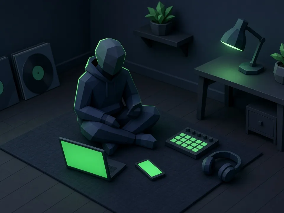 Low-poly producer sitting on a bedroom floor with a laptop, a phone, a pad controller and headphones on a rug, lit by a green desk lamp
