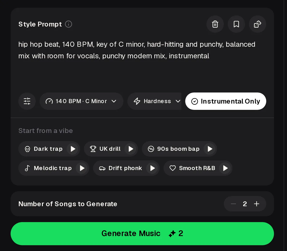 MusicCreator AI beat maker panel, an alternative to beat making apps, with a hip hop style prompt, a 140 BPM C minor setting, a Hardness dropdown, an Instrumental Only switch, six vibe presets and a Generate Music button showing 2 credits