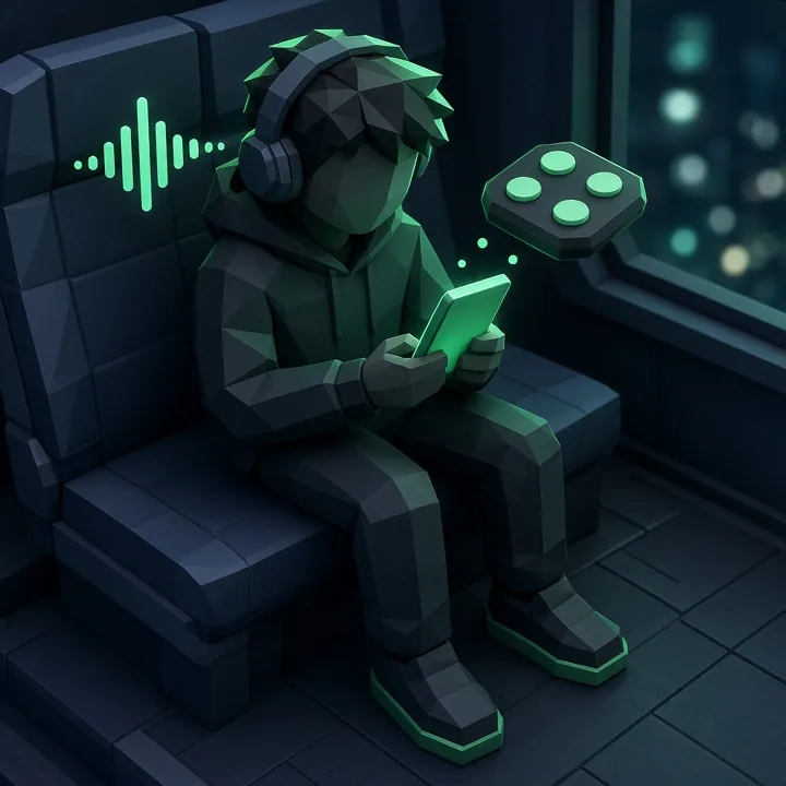 Low-poly figure on a night bus making a beat on a phone