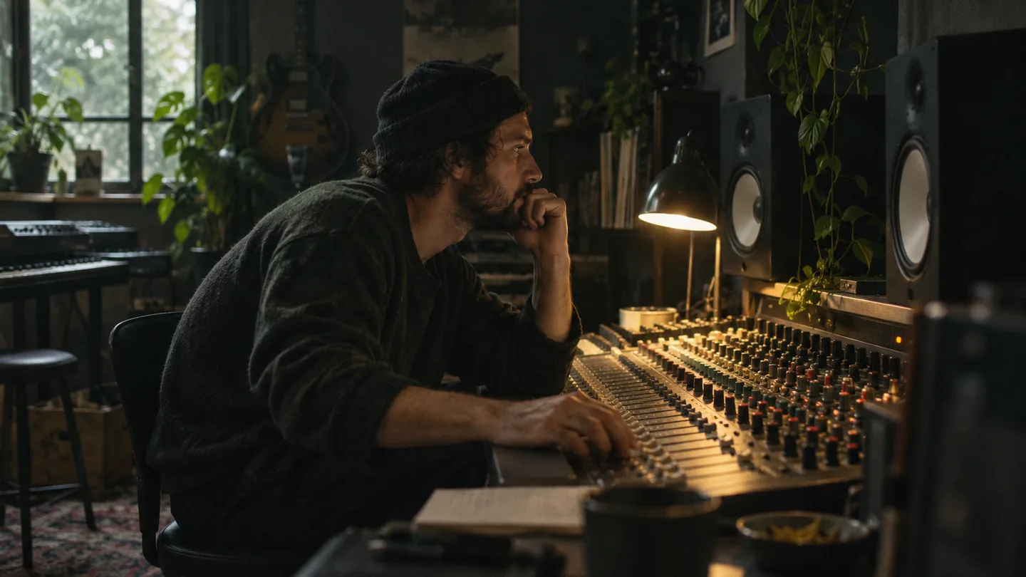 Producer at a mixing desk listening closely to separated stems through studio monitors
