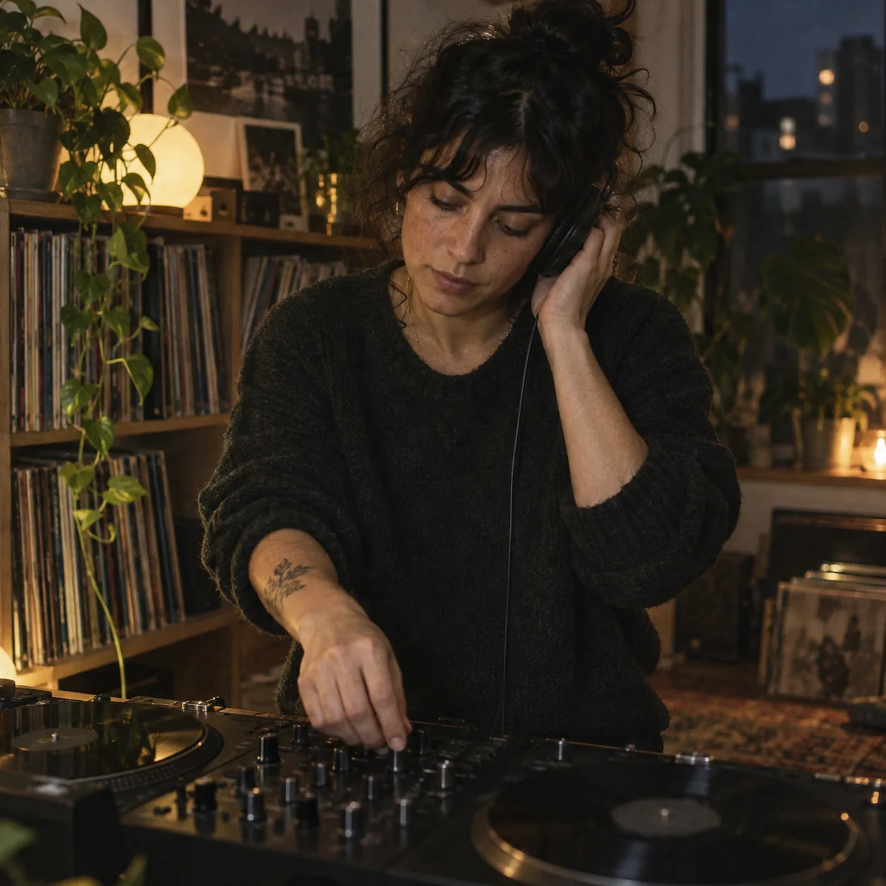 DJ with headphones working on a mix at home using separated stems from a track