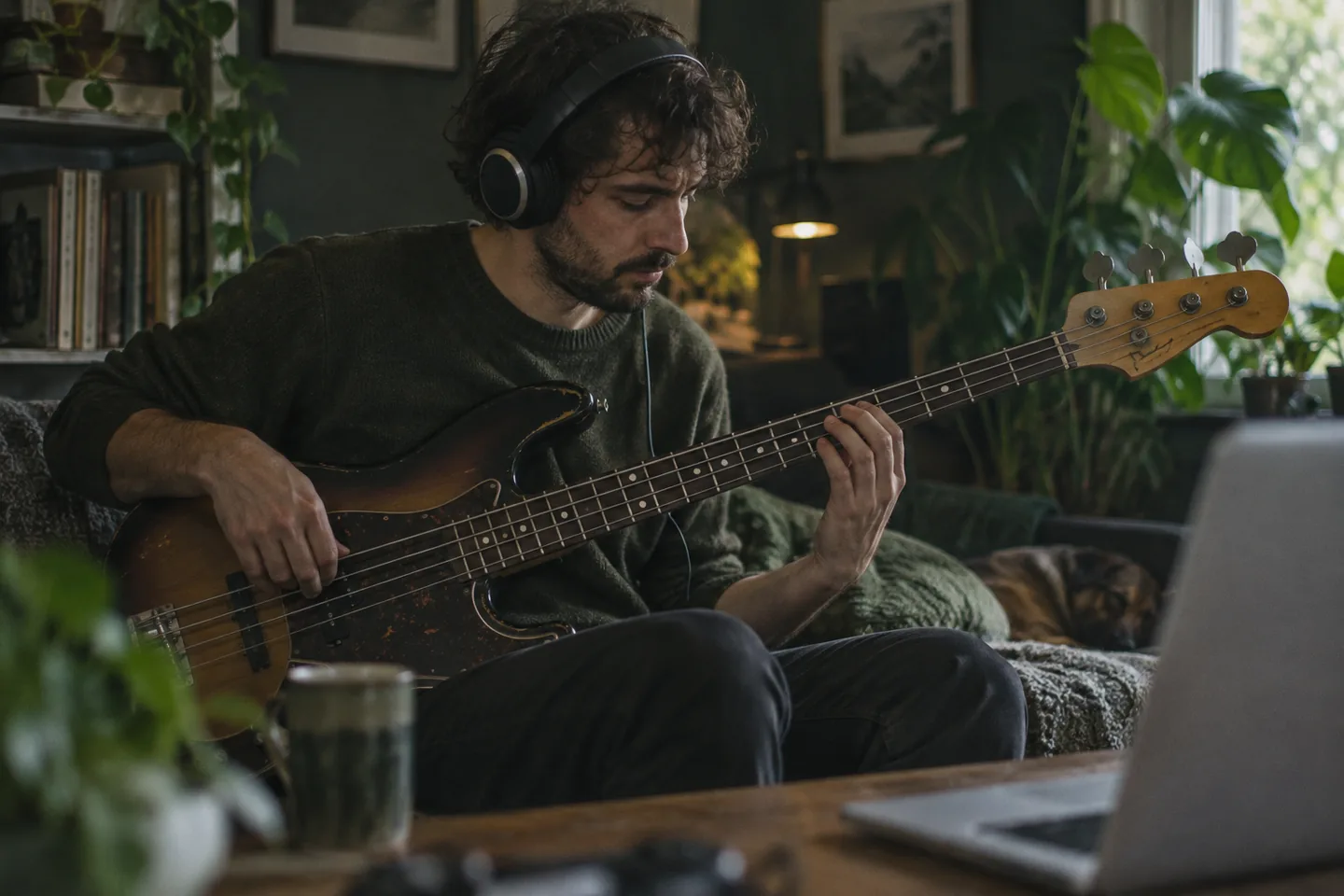 Bass player practising along to a song with the bass stem removed