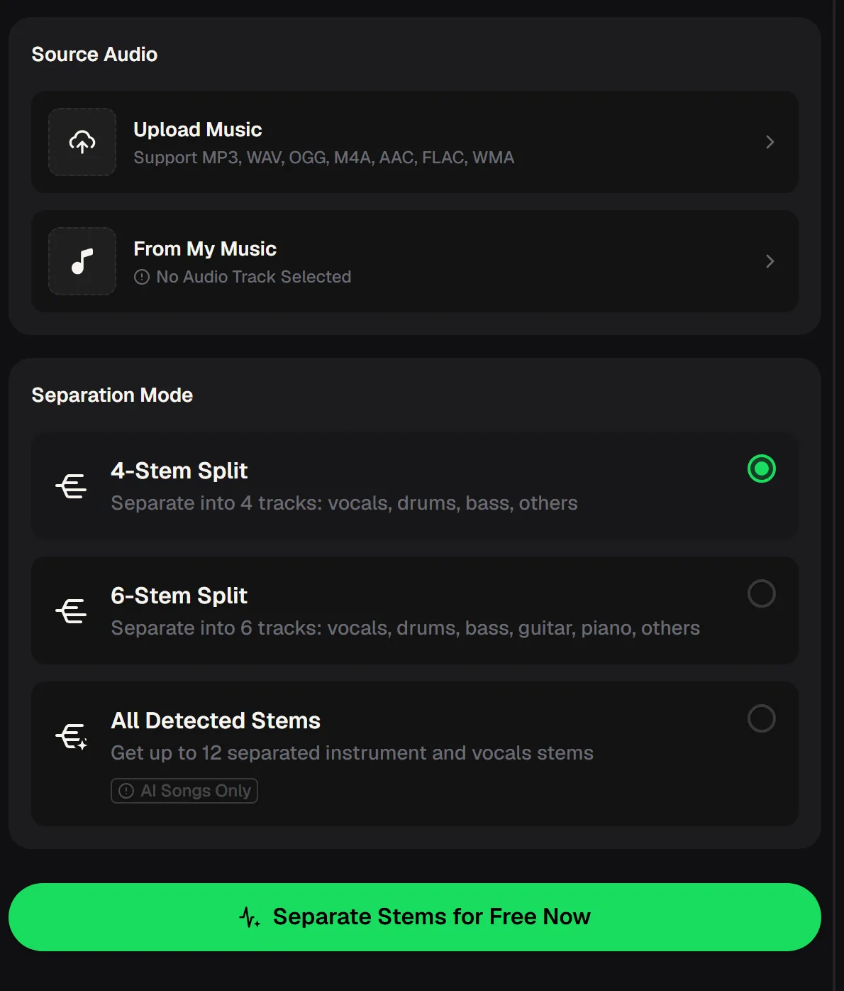 Stem separation software panel with audio upload, My Music source and a choice of 4-stem, 6-stem or All Detected Stems separation modes