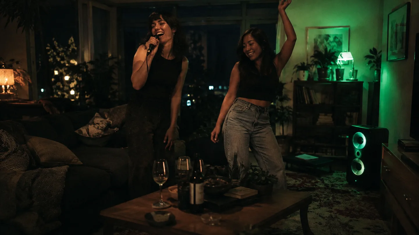 Two friends singing karaoke at home at night over an instrumental from the best vocal remover they tried