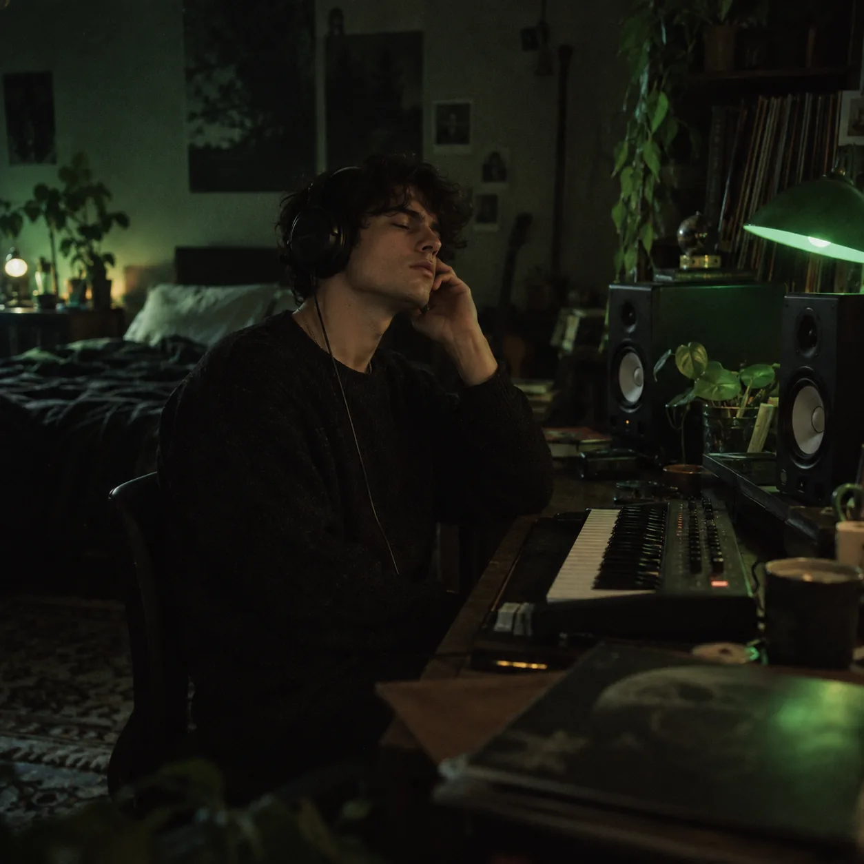 A producer in headphones listening closely to an isolated vocal in a dark bedroom studio