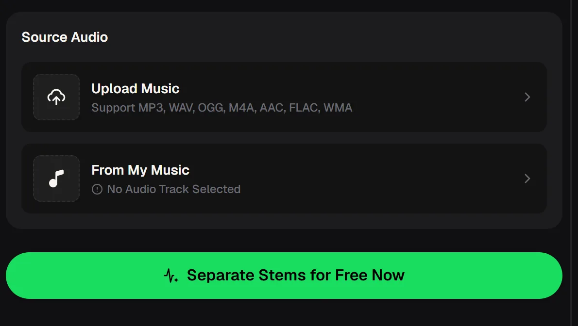 MusicCreator AI vocal remover upload panel for separating a song into instrumental and vocals