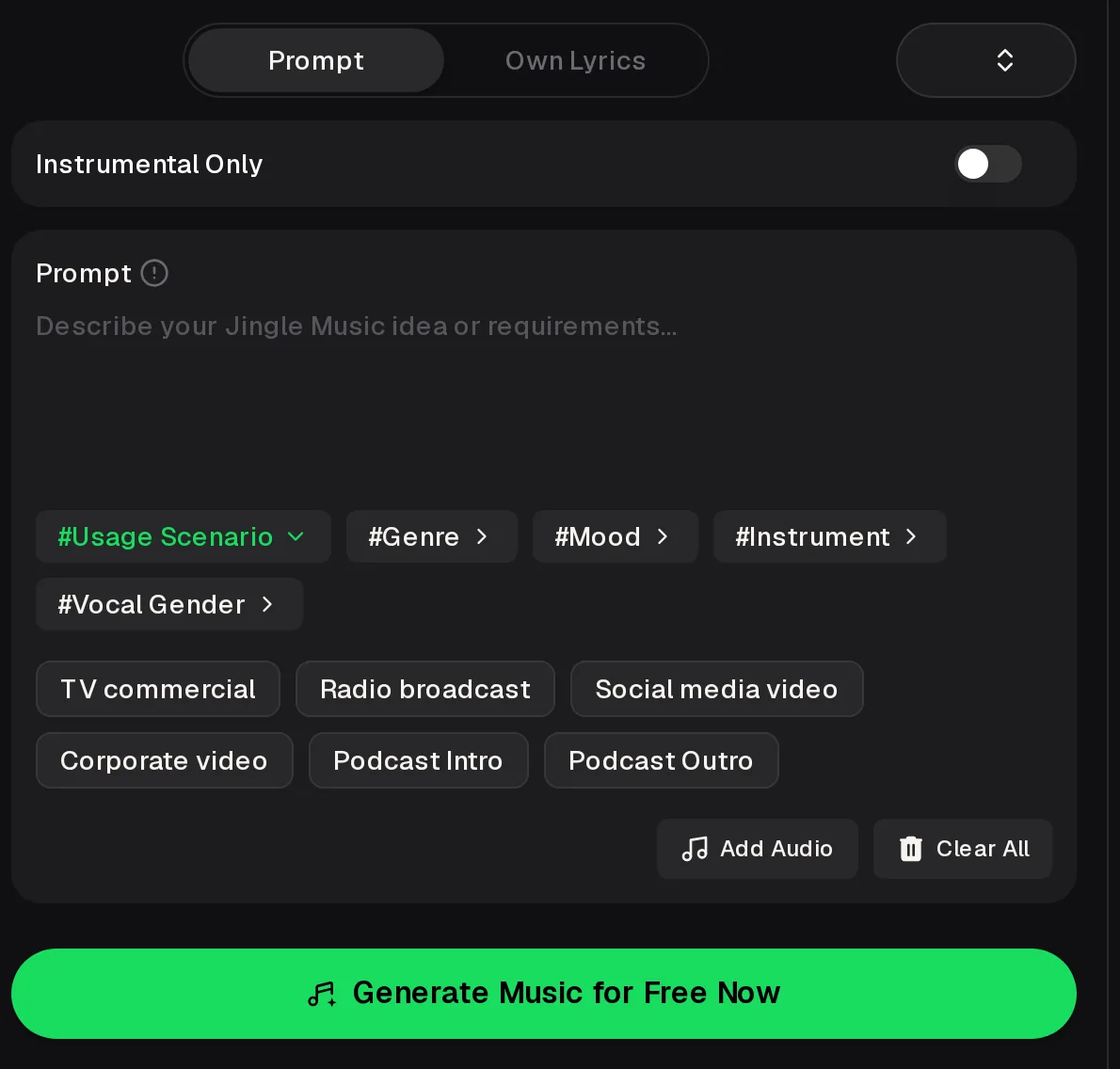 Jingle generator: MusicCreator Jingle Maker Prompt panel with scenario chips