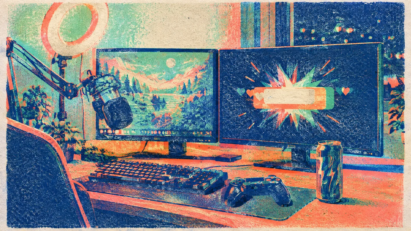 Risograph print of a night livestream desk with ring light mic arm and alert toast burst
