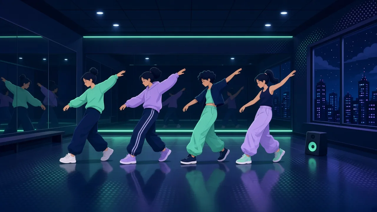 Four young dancers rehearsing a synchronized routine in a mirrored practice room at night with a speaker on the floor