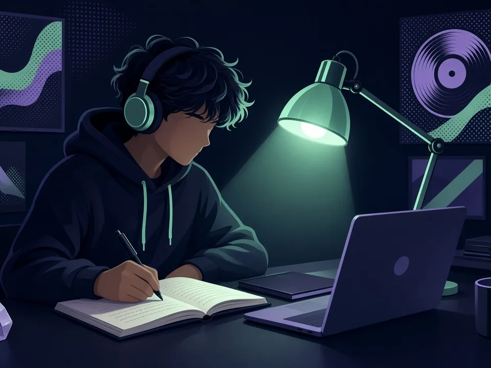 Young fan in headphones writing song lyrics in a notebook at a desk at night beside a glowing green lamp
