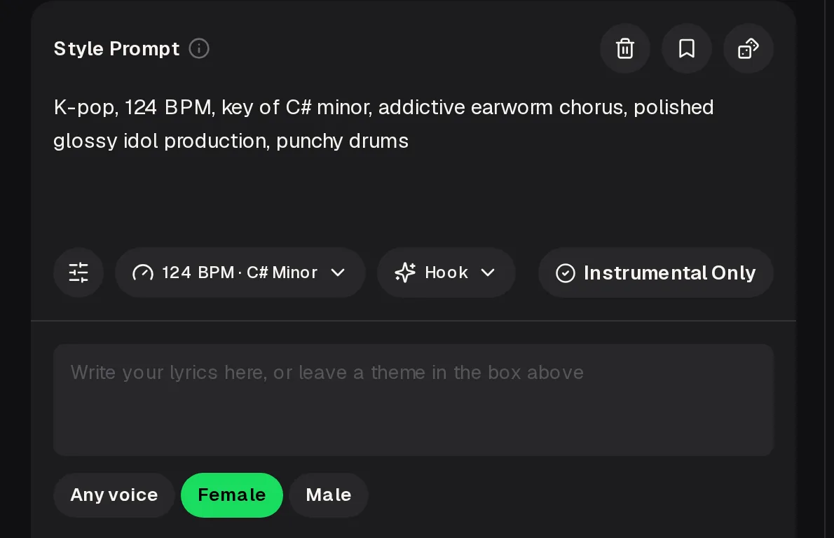 MusicCreator kpop ai generator with a K-pop style prompt, a 124 BPM C sharp minor setting, a hook option, Instrumental Only, a lyrics box and voice choices