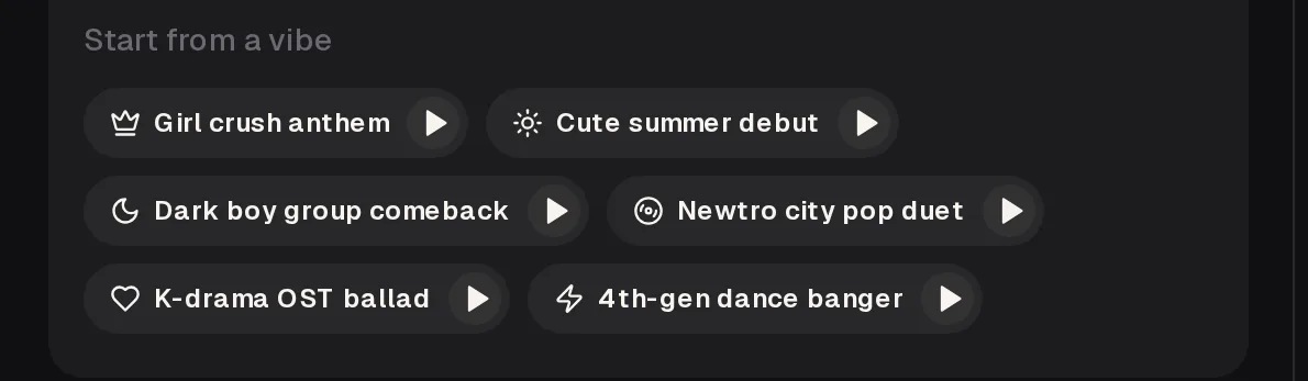 Six K-pop concept presets in the MusicCreator generator, each with a preview play control: girl crush anthem, cute summer debut, dark boy group comeback, newtro city pop duet, K-drama OST ballad and 4th-gen dance banger