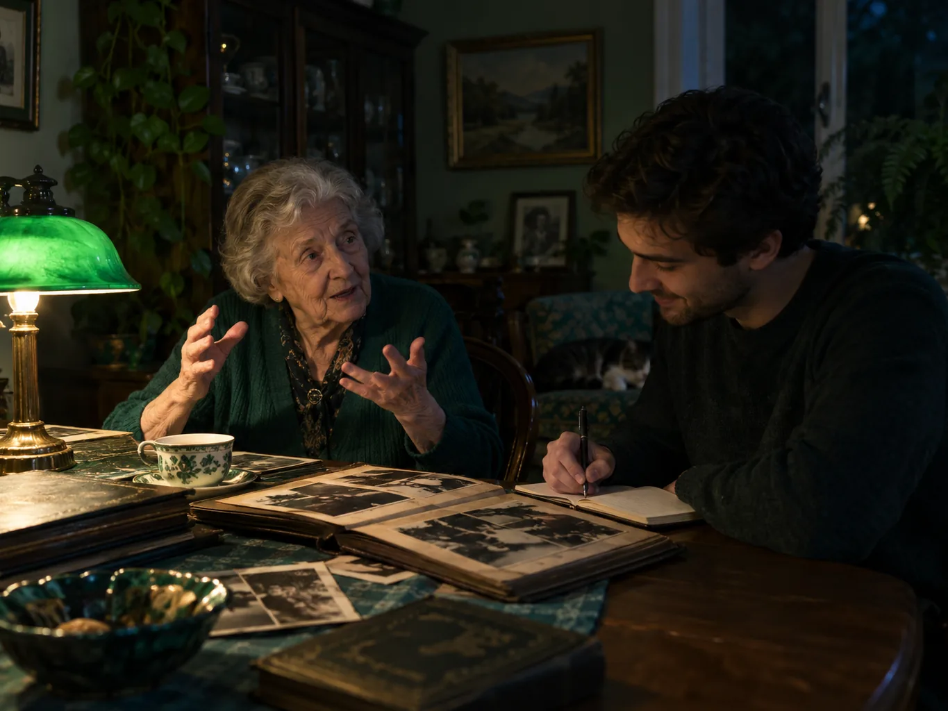 Grandmother telling a story with her hands at a dining table with old photo albums while her grandson writes in a notebook under a green lamp