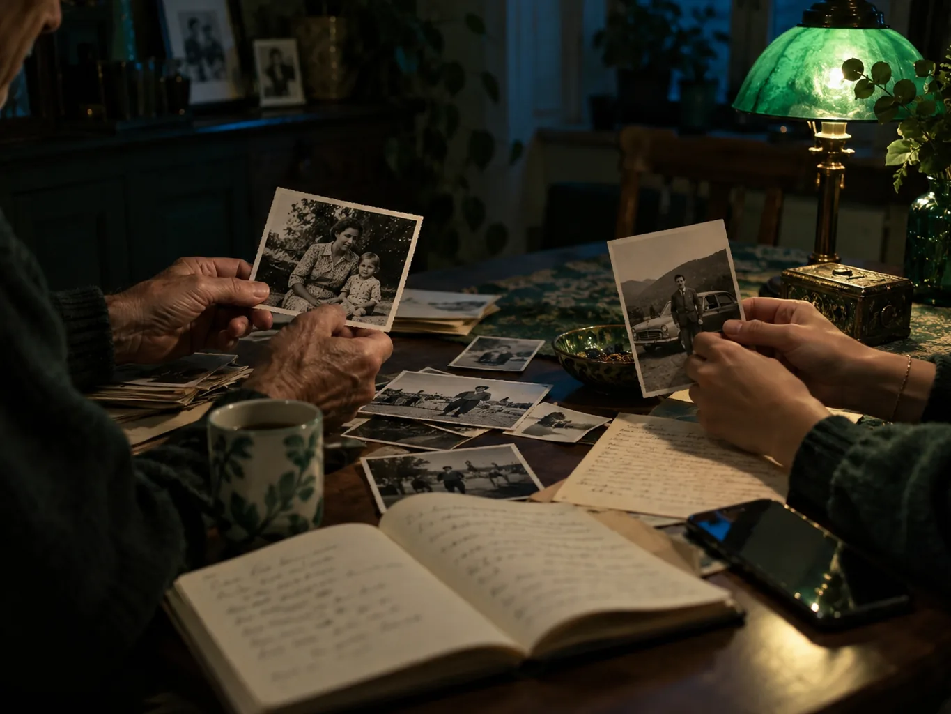 Hands holding old black-and-white family photographs above a table of letters, an open notebook and a phone under a green lamp