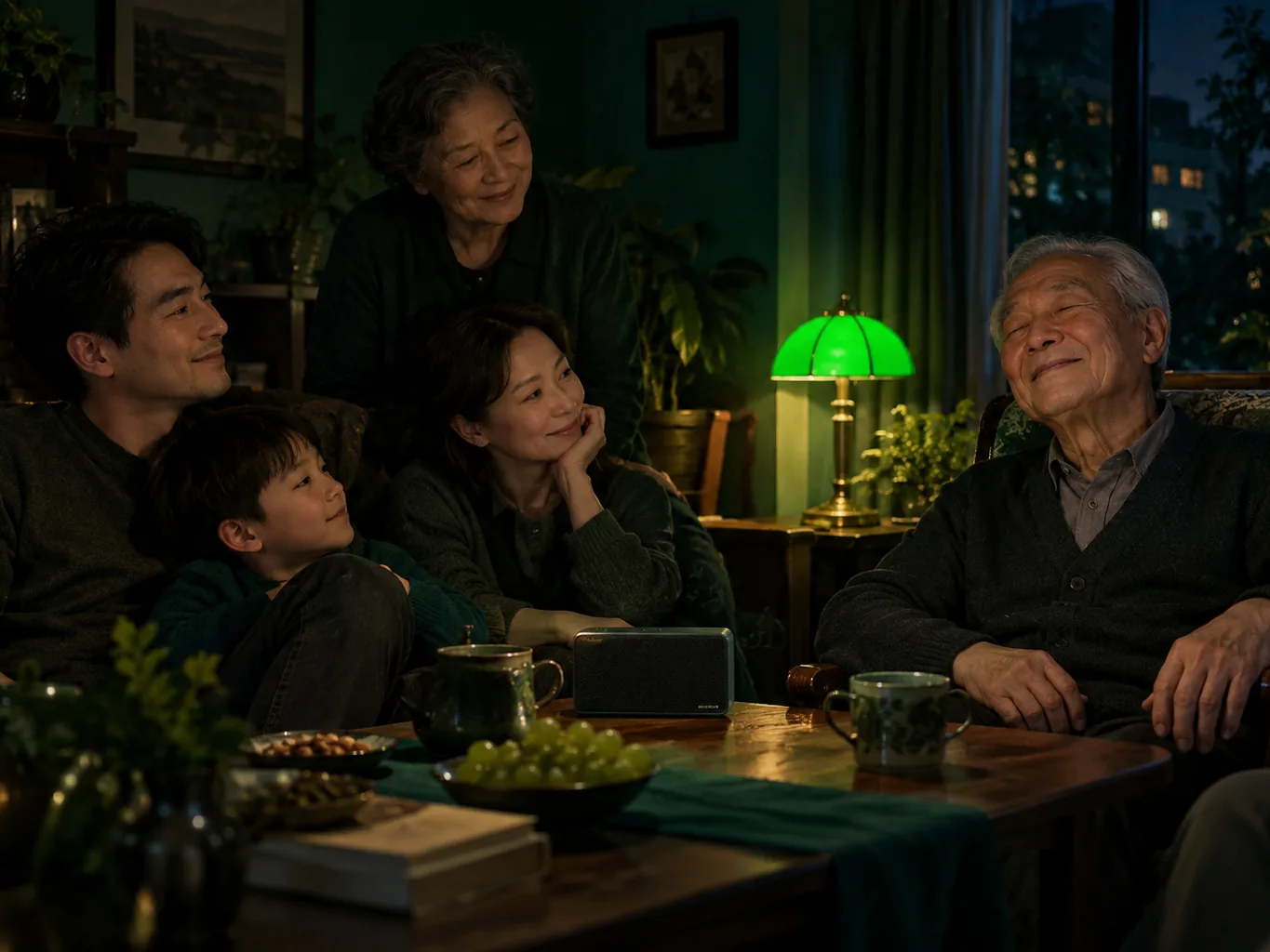 Three generations in a living room at night listening to a song from a small speaker while the grandfather smiles with his eyes closed under a green lamp