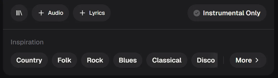 Audio and Lyrics buttons, Instrumental Only toggle and Inspiration chips Country, Folk, Rock, Blues, Classical and Disco