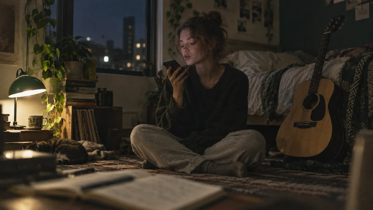 Young woman on her bedroom floor at night recording a melody idea on her phone beside an acoustic guitar