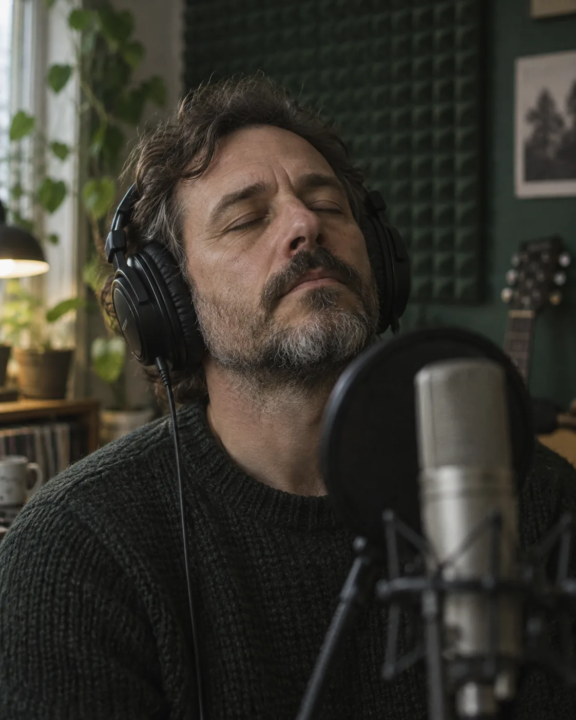 Man with headphones and closed eyes listening back to a new song next to a studio microphone
