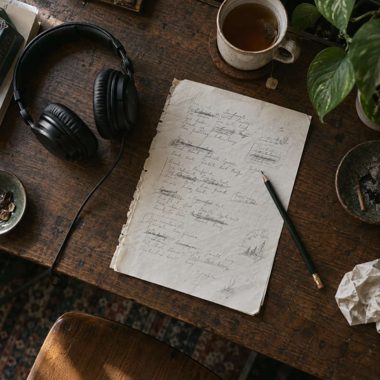 Desk with headphones, tea and a handwritten lyric sheet ready to be turned into a song