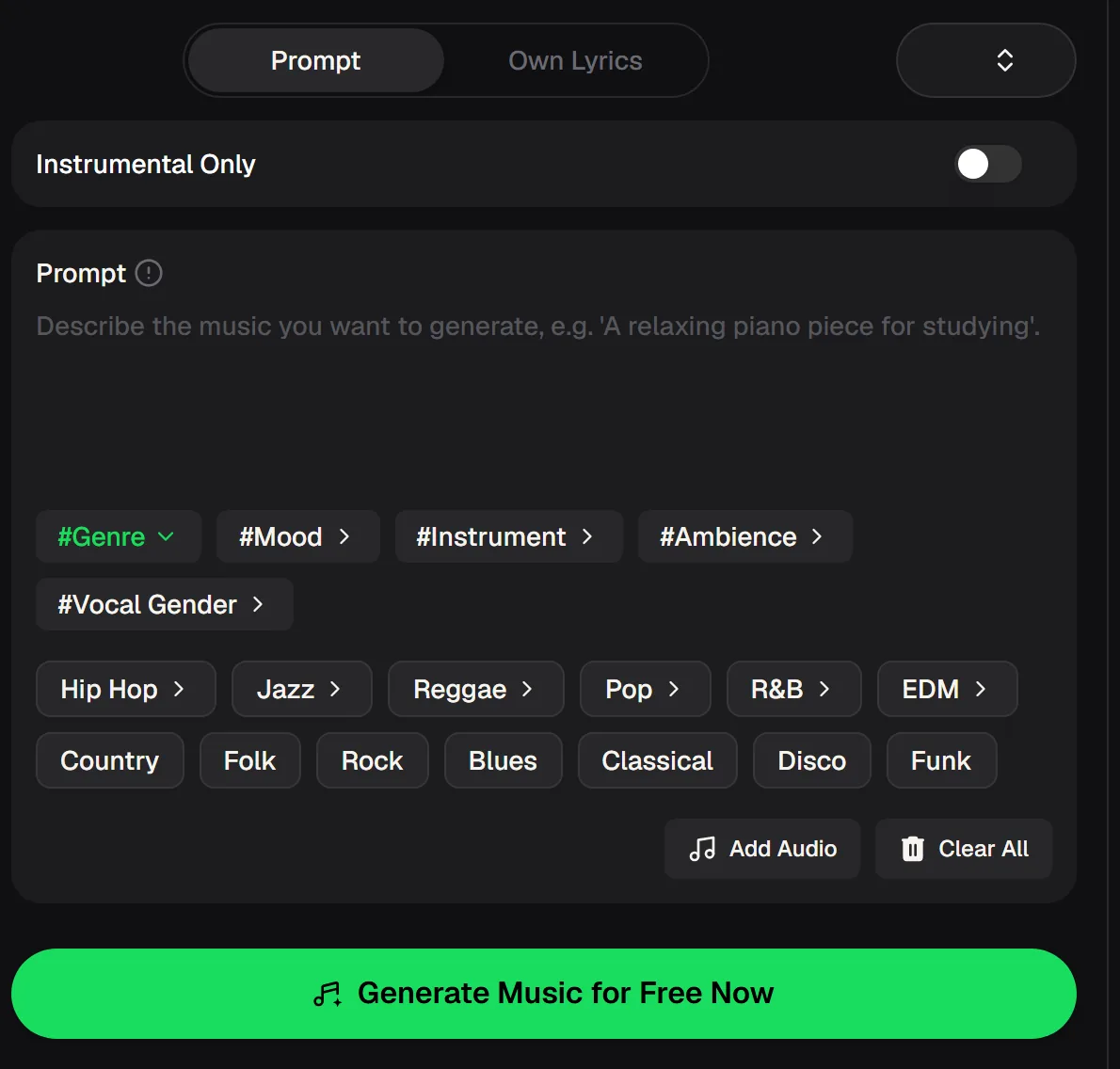 Panel to make a song online, with Prompt and Own Lyrics tabs, an Instrumental Only switch, genre tags and a generate button