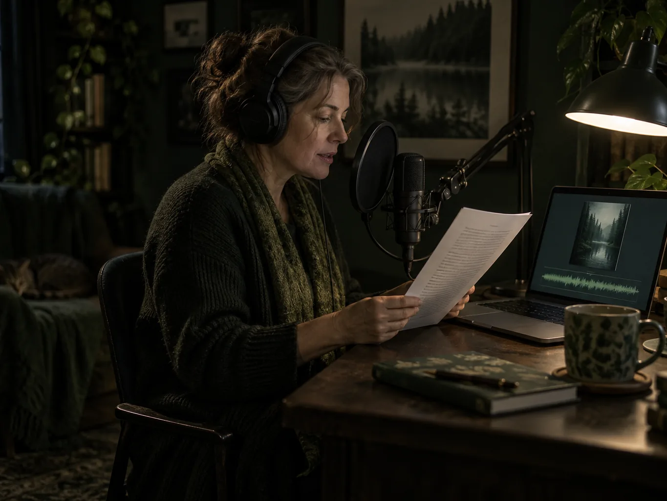Audiobook narrator reading from a manuscript into a studio microphone at a lamp-lit desk, a book cover and waveform on her laptop