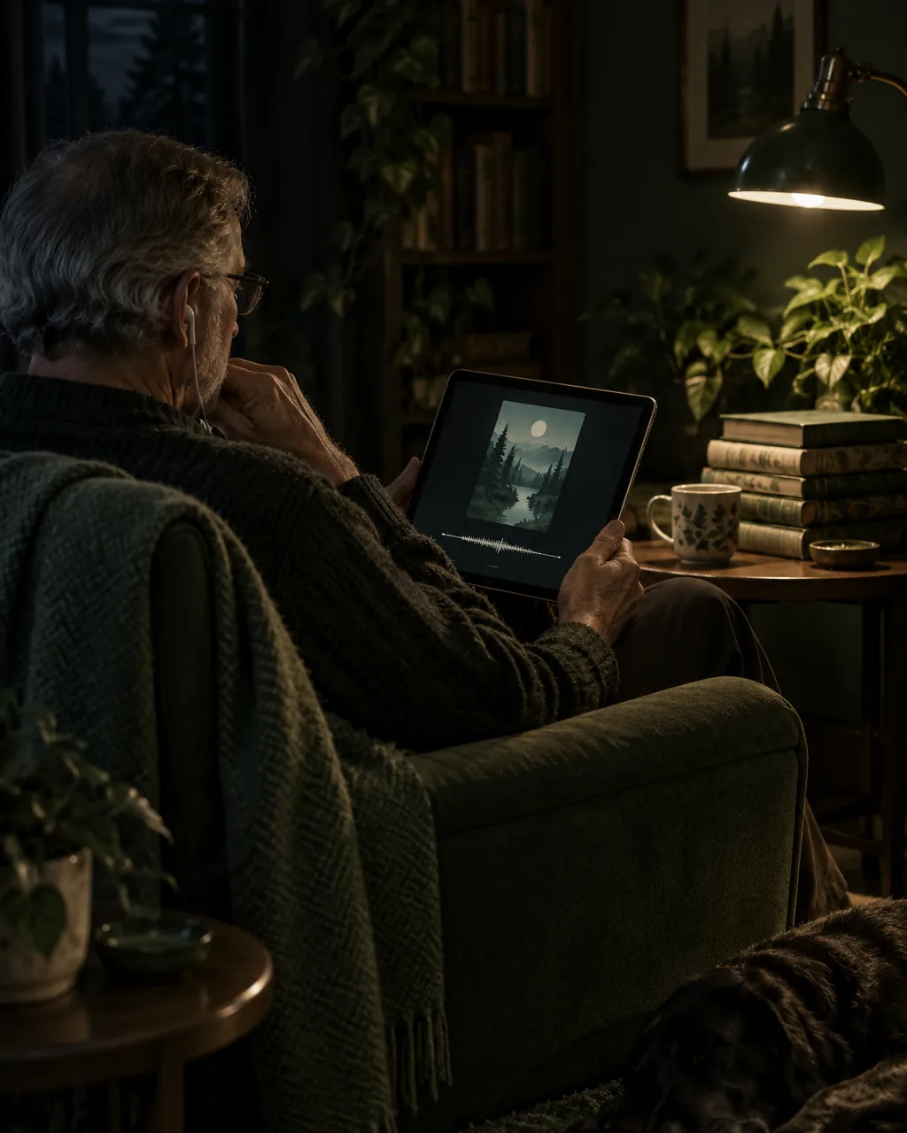 Older man in an armchair at night listening on earphones to a chapter video showing a book cover and a thin sound wave on a tablet