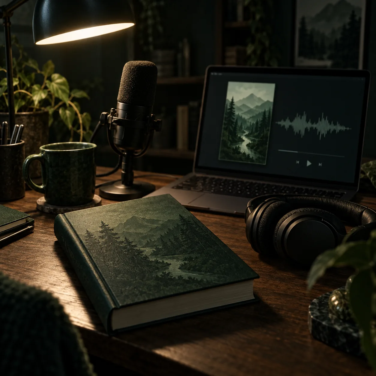 Hardback book, studio microphone, headphones and a laptop showing a book cover with a waveform on a lamp-lit desk