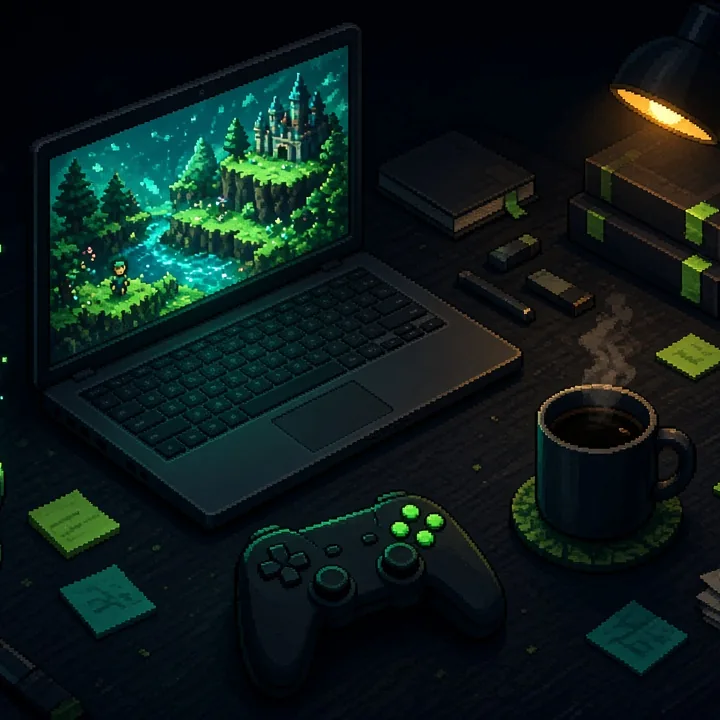 Pixel-art desk at night with a laptop showing a small green game world, a controller, headphones and sticky notes