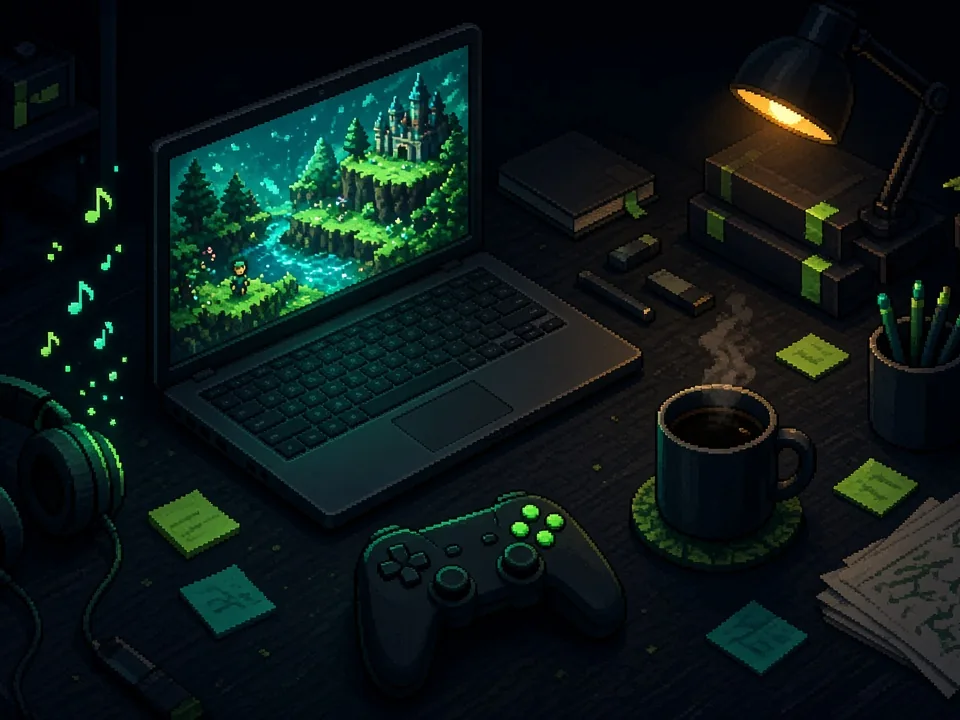 Pixel-art game jam desk at night with a laptop showing a small green game world, a controller, headphones and sticky notes