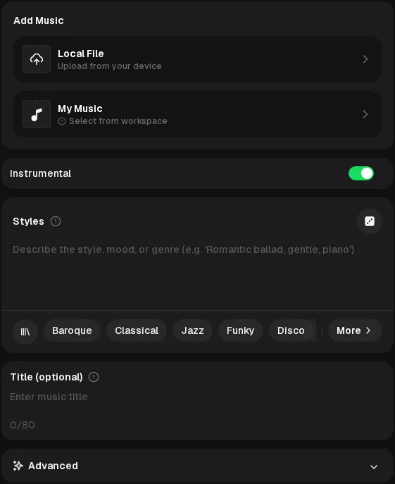 AI Music Extender panel with Local File and My Music sources, the Instrumental switch turned on, a Styles box with genre chips, a Title field and an Advanced section