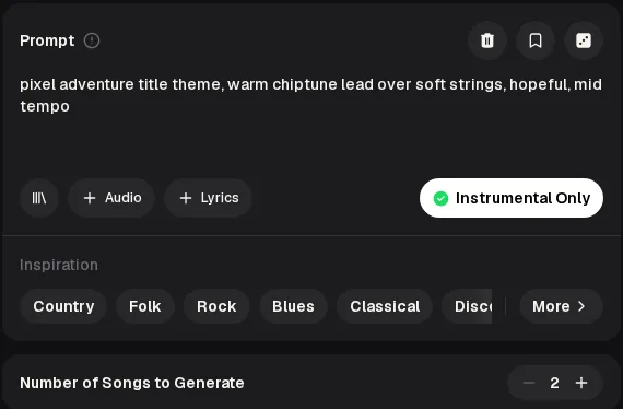Music maker website Prompt box with a pixel adventure title theme brief, Instrumental Only switched on, Inspiration chips and Number of Songs set to 2