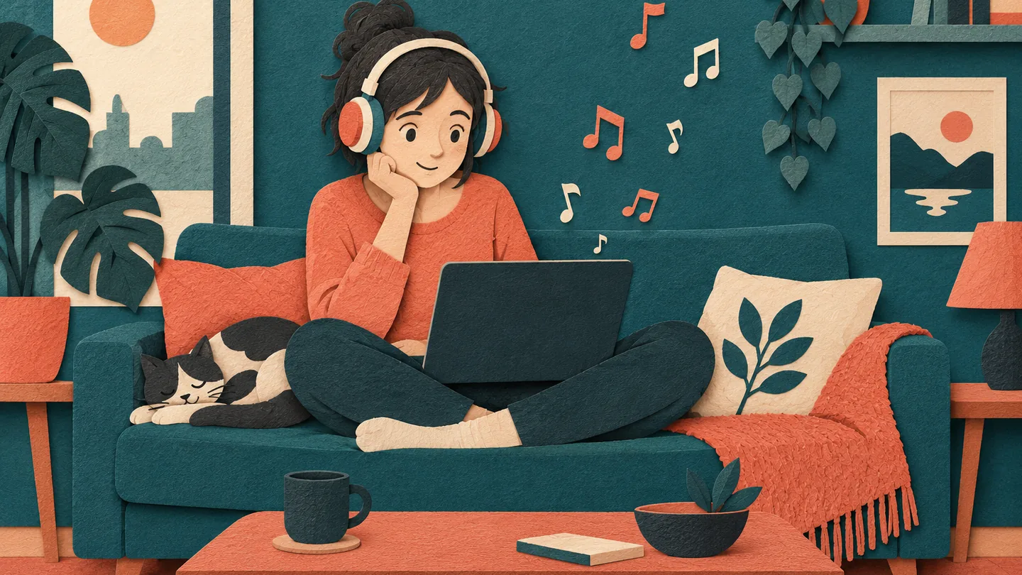 Paper-cut illustration of a beginner on a sofa with a laptop and headphones while musical notes float up from the screen