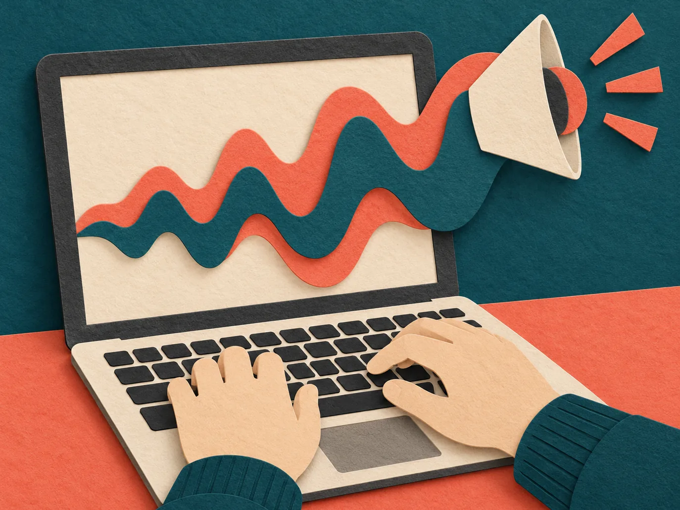 Paper-cut illustration of hands typing a short sentence on a laptop as a sound wave and speaker rise from the screen