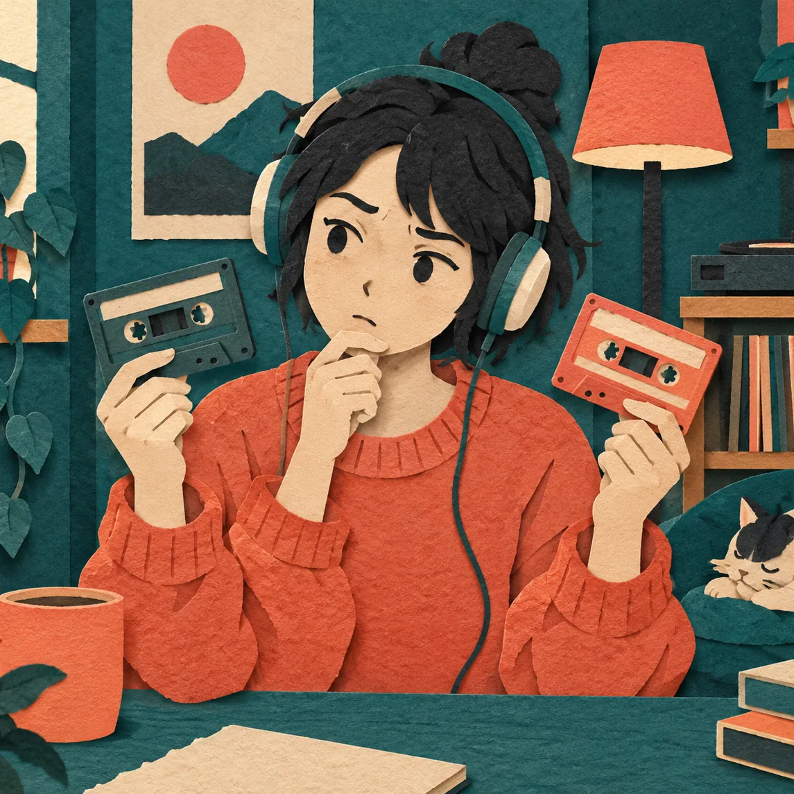 Paper-cut illustration of a beginner in headphones comparing two cassette tapes, one in each hand