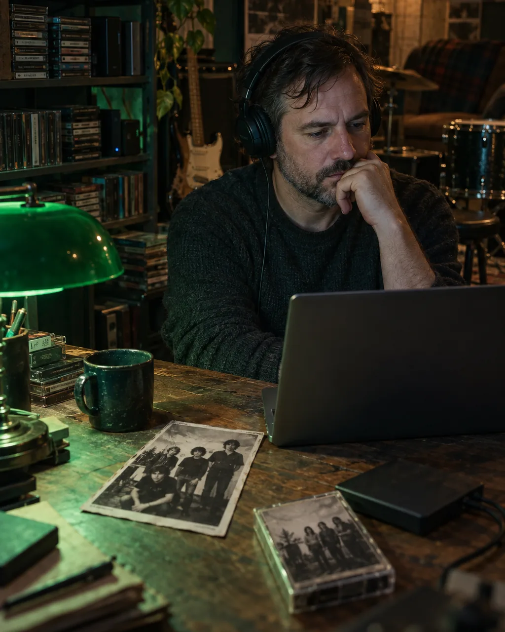 Man in his forties wearing headphones at a laptop, listening to an old band recording with a band photo and cassette case on the desk