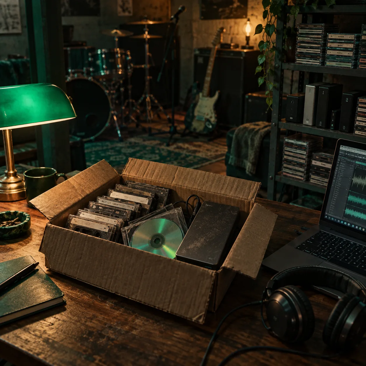 Open box of old cassettes, CD-Rs and a dusty external hard drive beside a laptop and headphones on a wooden desk