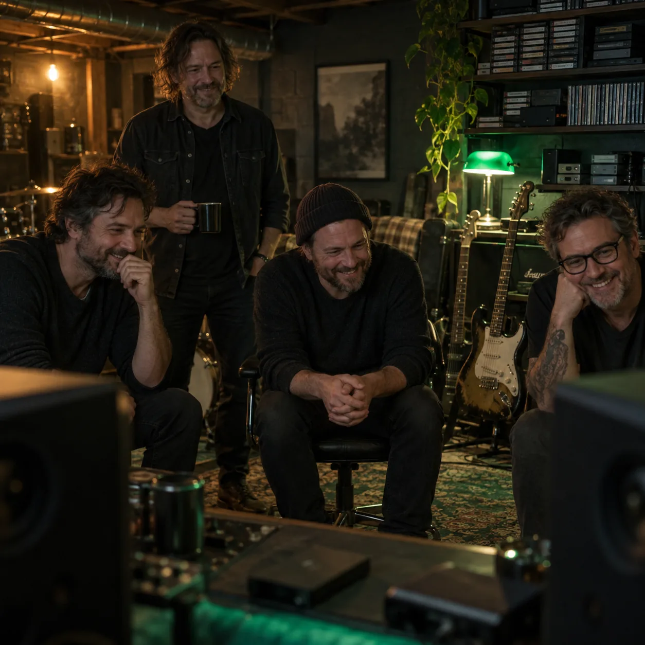 Four old bandmates in their forties smiling in a rehearsal room as they listen to a recording from studio monitors