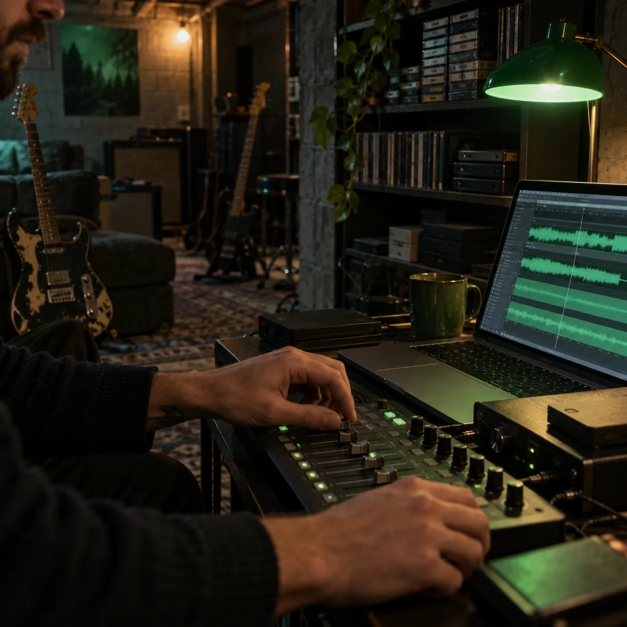 Fingers moving faders on a small controller next to a laptop showing several separate audio tracks