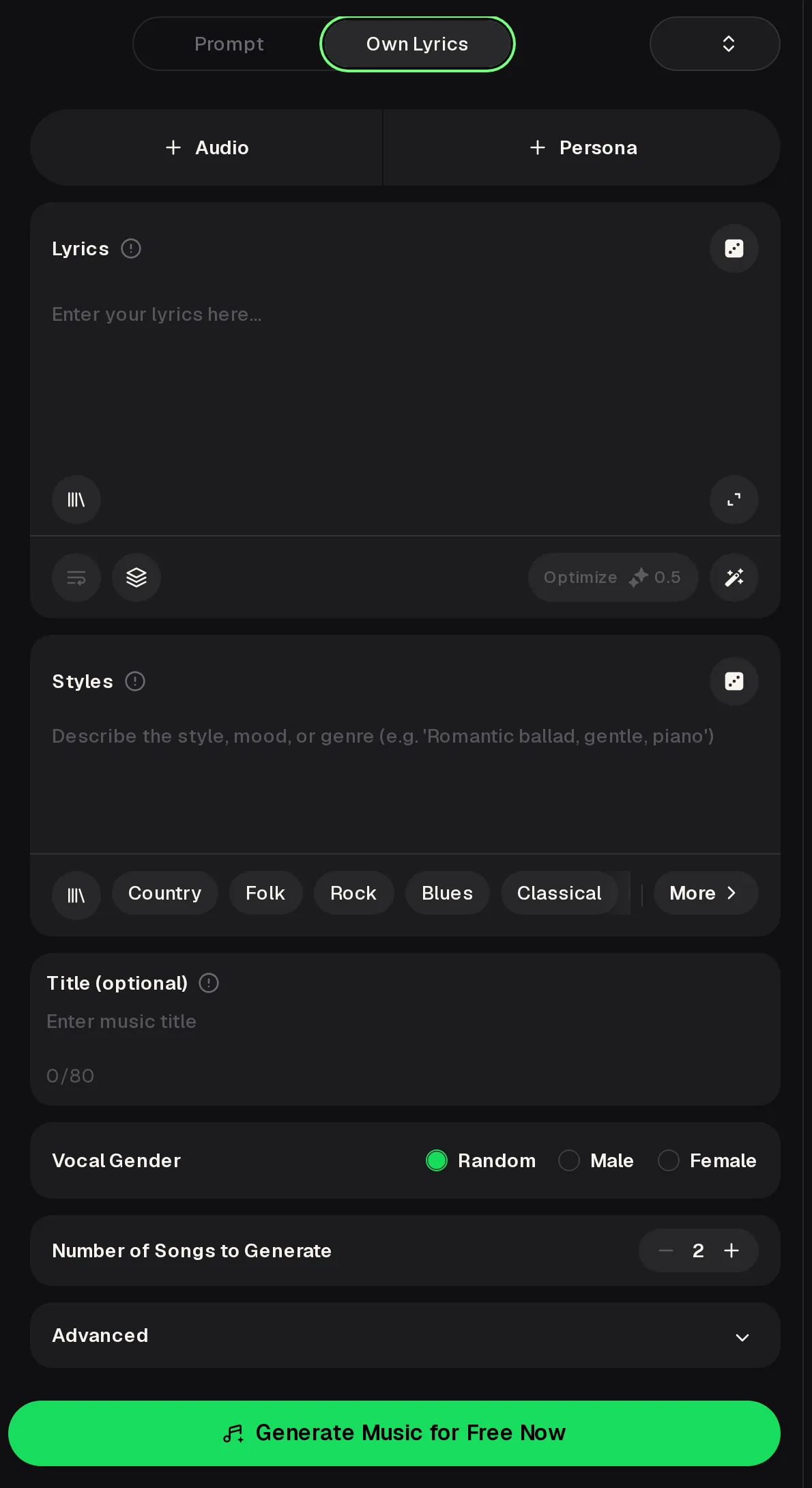 Personalized songs on the MusicCreator AI Music Generator Own Lyrics panel