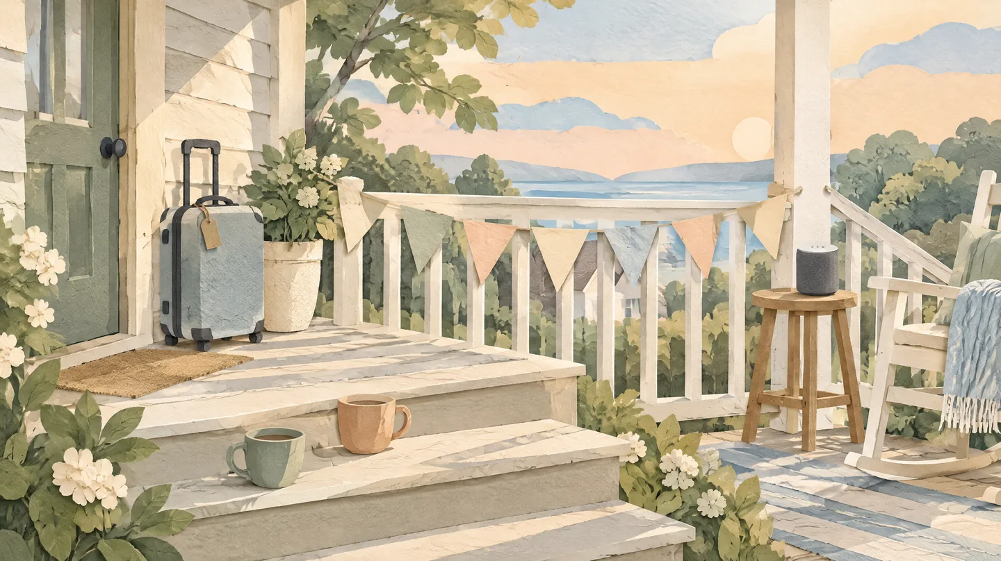 Cut-paper collage of a soft morning porch with suitcase blank bunting mugs and a phone speaker