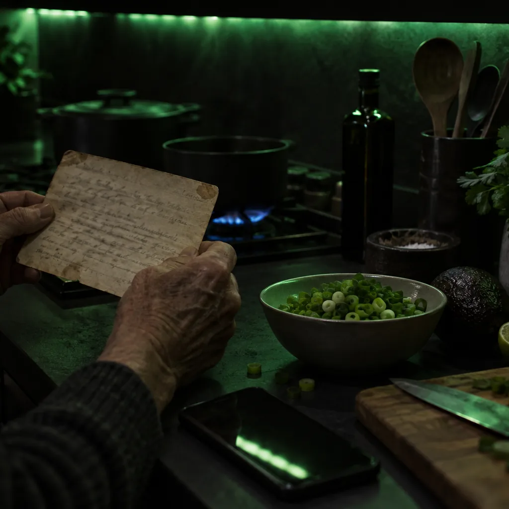 Weathered hands holding an old handwritten family recipe card beside a phone and a bowl of spring onions in a dark green-lit kitchen