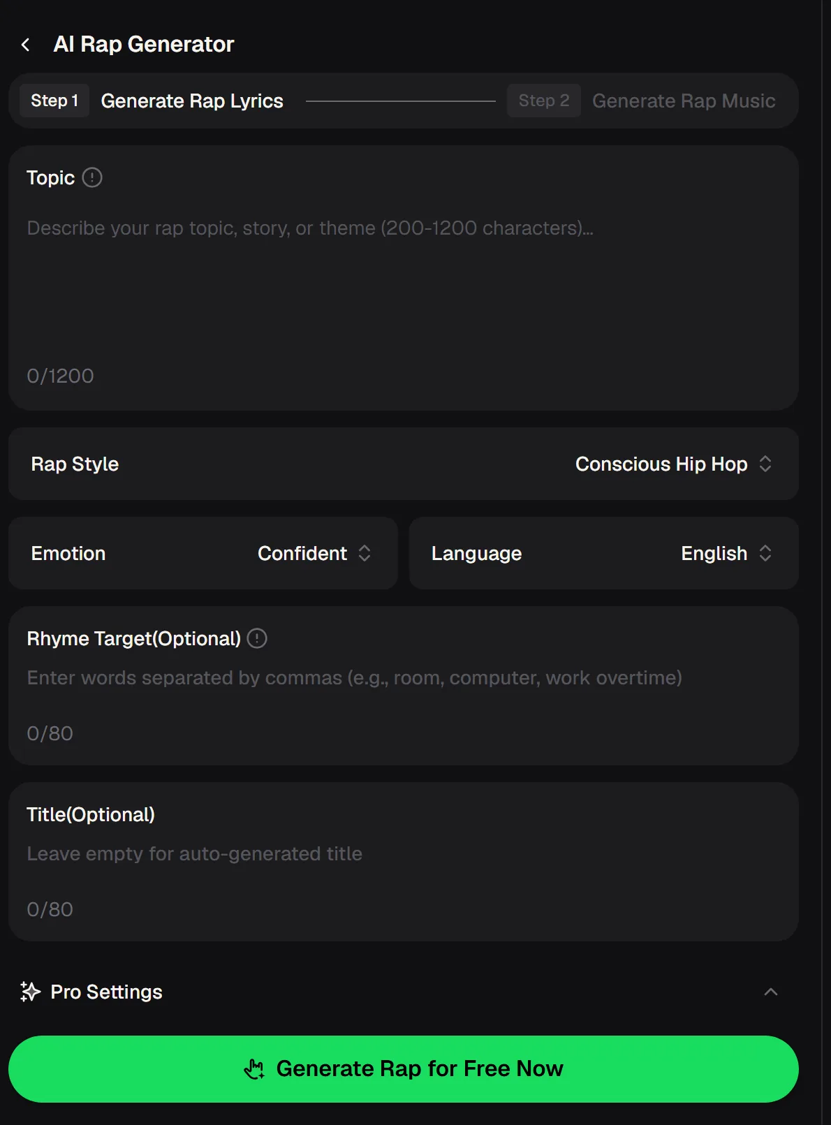 MusicCreator rap maker panel with Topic box, Rap Style, Emotion, Language, Rhyme Target and Title fields and a Generate Rap button
