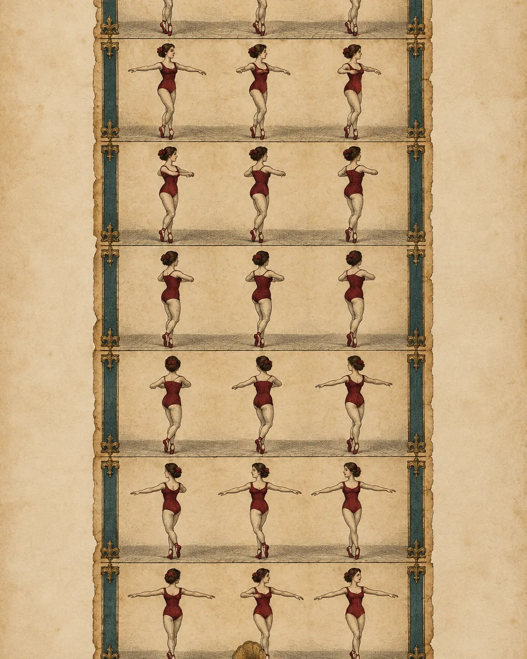 Zoetrope strip illustration of a dancer in a red leotard turning across a column of frames above a small gramophone