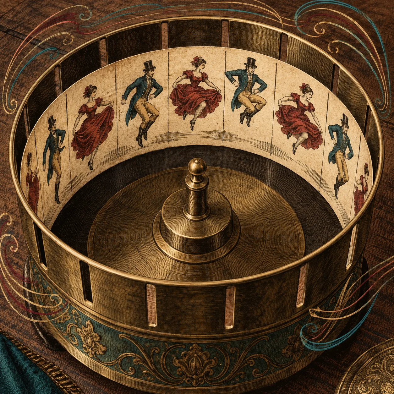 Zoetrope drum illustration with dancing couples printed on its inner paper strip