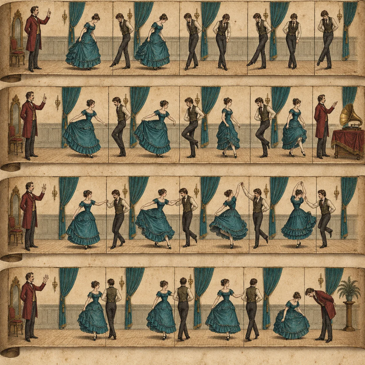Rows of zoetrope frames showing a dance teacher raising a hand to count while dancers rehearse steps